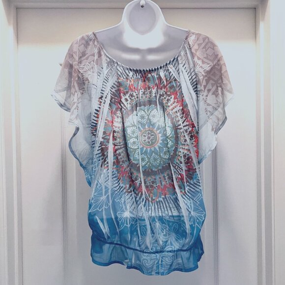 Bongo-Women's Sheer Short Flowy Sleeves Top-Necklace Built in-Med-Blue Boho - Picture 12 of 16